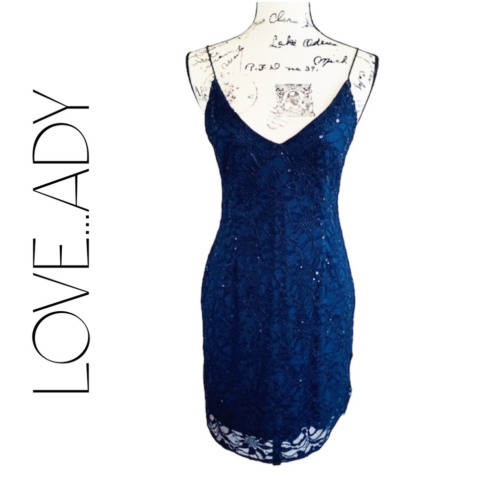 LOVE...ADY Navy Sequin Mini Cocktail Dress Vneck M